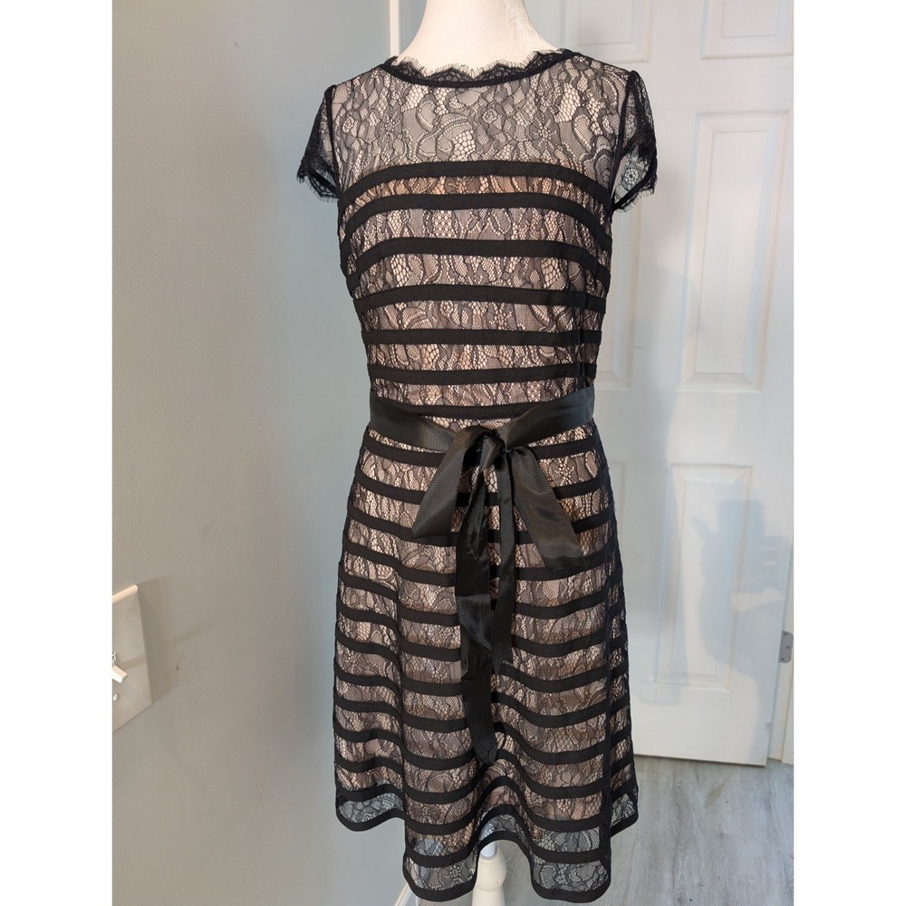 Adrianna Papell Black Lace Cap Sleeve Cocktail Sheer Short Dress Sash Size 8P